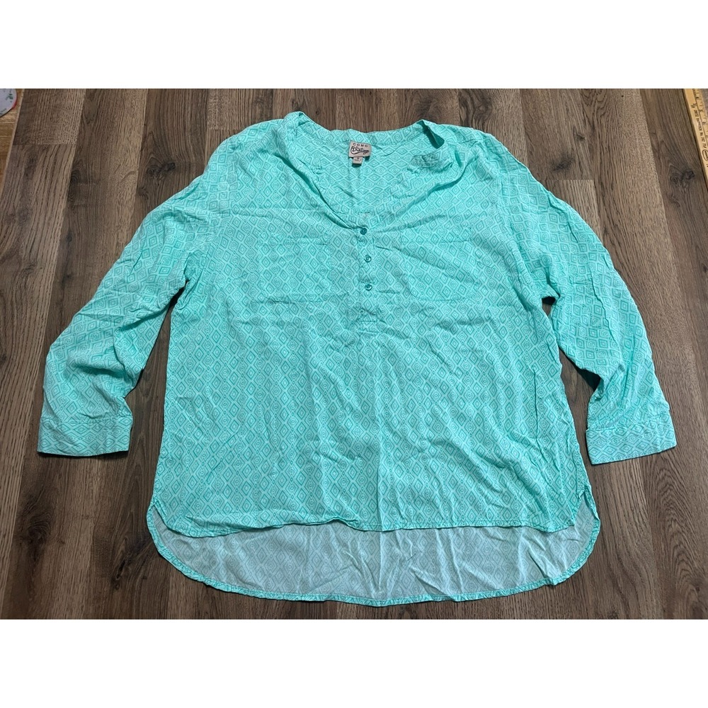 Como Vintage Shirt, Women's 1X, Green, Diamond, Long Sleeve, V-neck, 1/4 Buttons